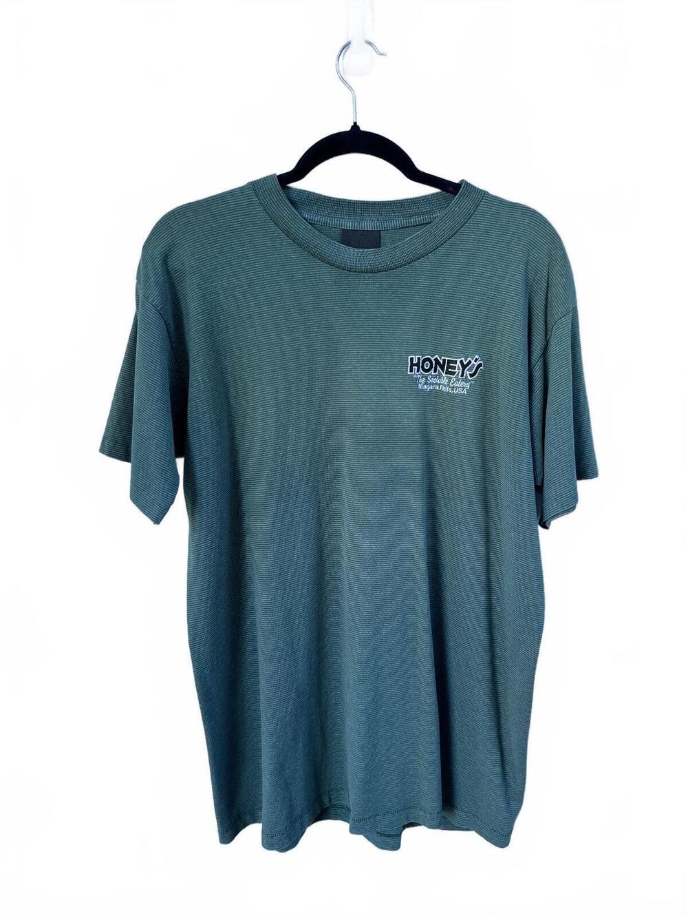 Vintage Honeys Niagara Falls NY green striped graphic short sleeve T shirt Large